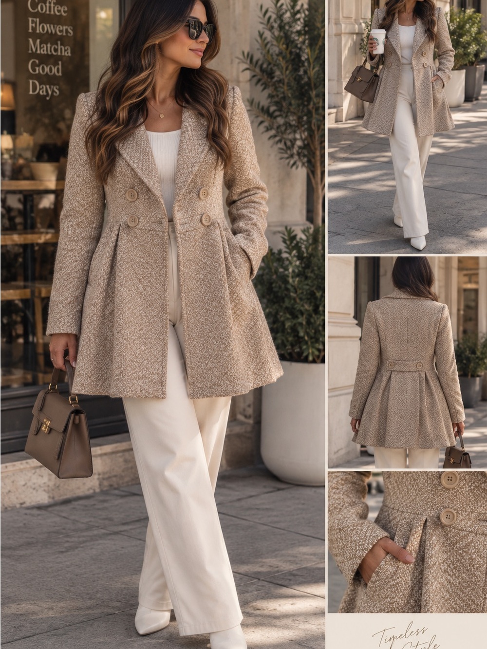 Junior Small Double-Breasted Beige Tweed Coat